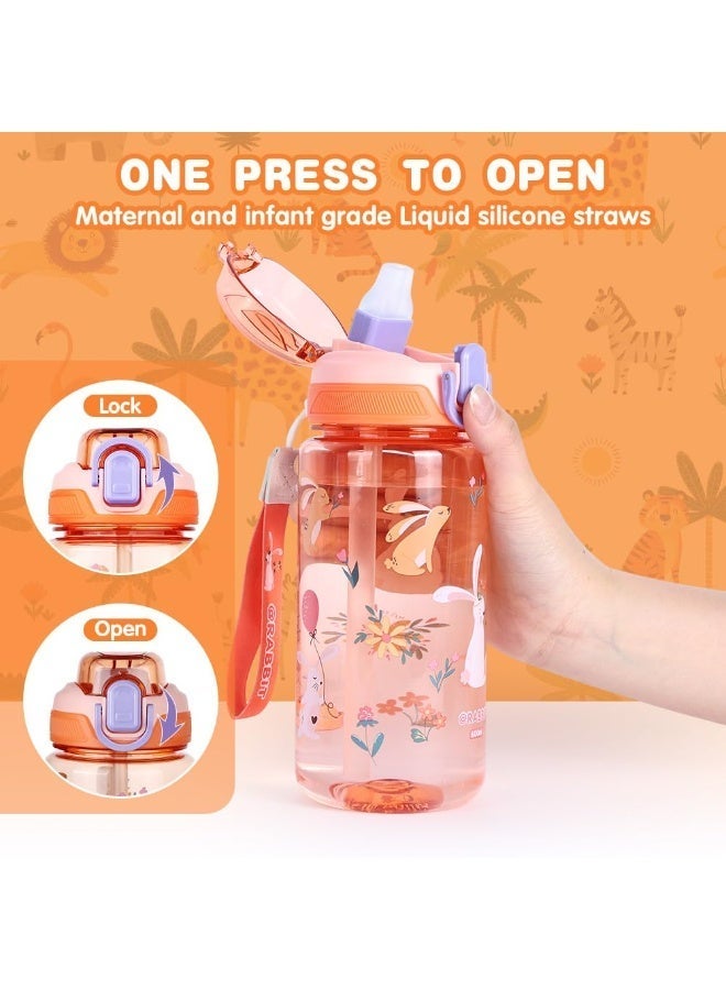 السيد باندا زجاجات مياه للأطفال مع ماصة، زجاجة مشروبات للأطفال الصغار بسعة 600 مل للمدرسة، زجاجة أطفال مانعة للتسرب خالية من BPA من تريتان، زجاجة رياضية للبنات والأولاد (زهري برتقالي   أرنب) - Image 5